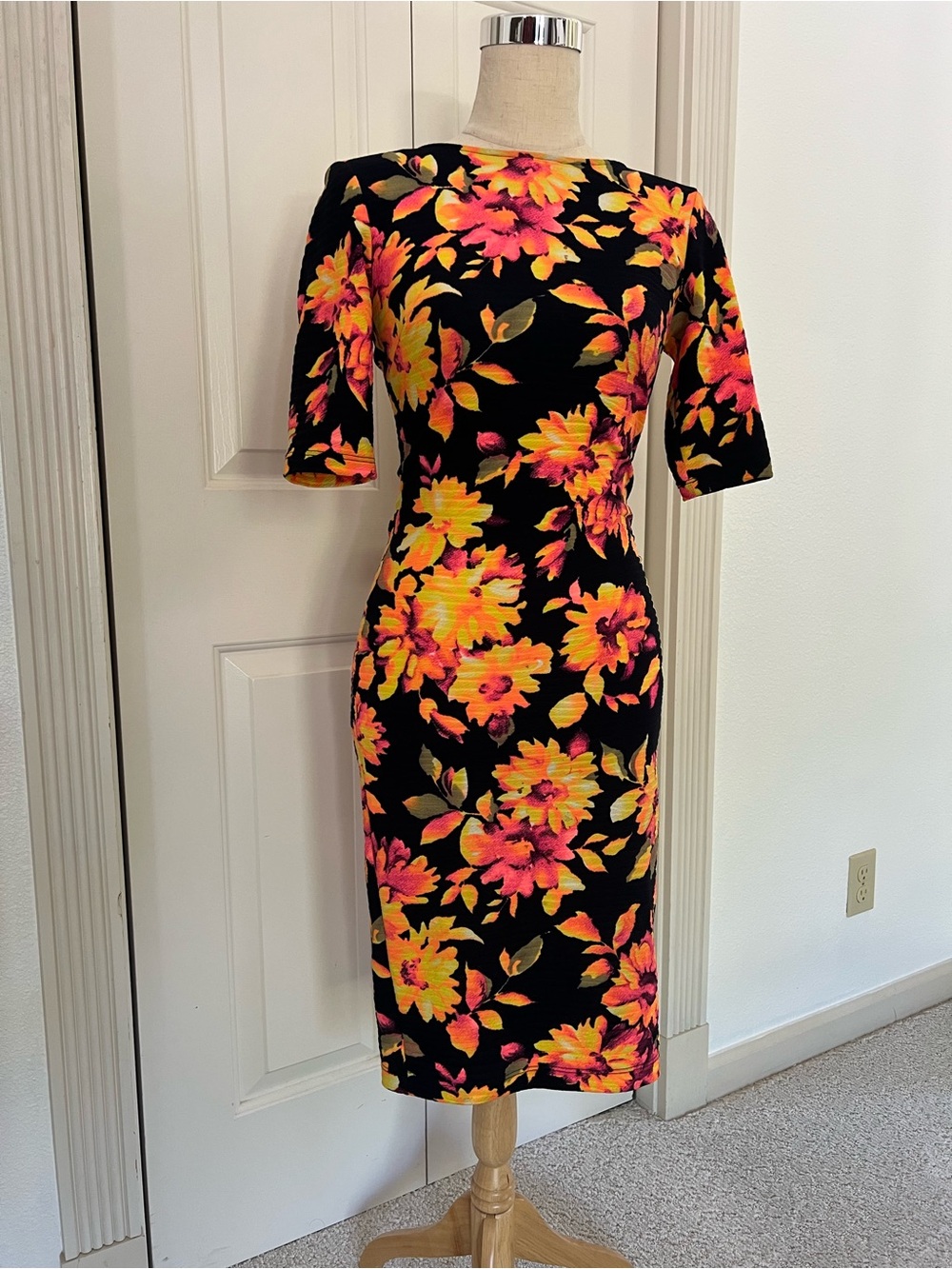 Black Floral Midi Dress with Pink and Yellow Blooms